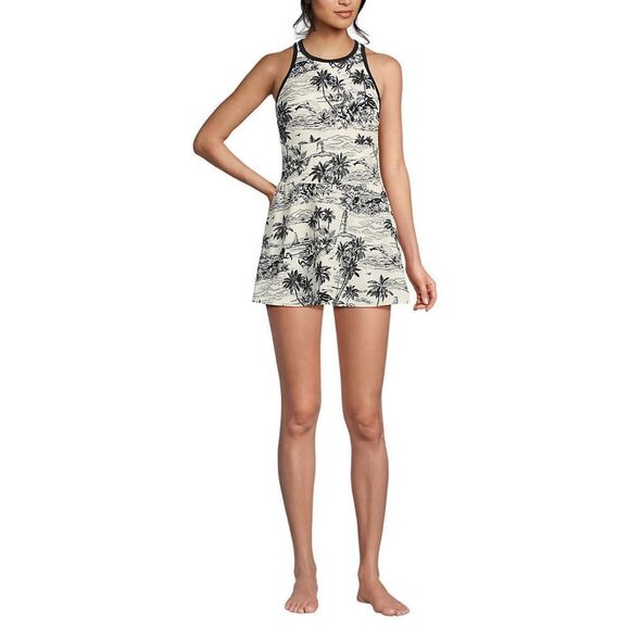 Land's End Tugless High Neck 1 piece swim dress egret white tropical floral Var - Picture 5 of 13